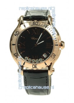 Chopard Happy Sport Diamonds Edition Replica Gold Watch in Black Strap