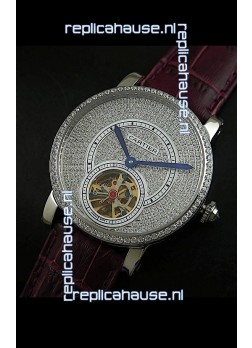 Cartier Ronde de Tourbillon Japanese Replica Diamond Watch in Purple Strap