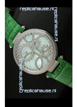 Cartier Replica Watch with Diamonds Embedded Dial Bezel in Steel Case/Green Strap