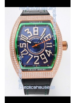 Franck Muller Vanguard Crazy Hours Rose Gold Diamonds - Steel Blue Dial Swiss Replica Watch 