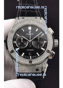 Hublot Classic Fusion Chronograph Steel Diamonds Casing Black Dial 1:1 Mirror Replica Watch 