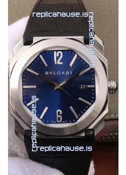 Bvlgari Octo Roma Edition 1:1 Mirror Replica in 904L Steel Casing - Deep Blue Dial Leather Strap