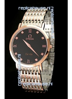 Omega DeVelie Japanese Replica Rose Gold Watch in Black Dial