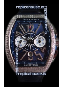 Franck Muller Vanguard Chronograph 904L Steel Blue Dial with Diamonds Swiss Watch 