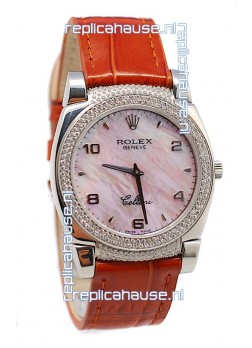 Rolex Cellini Cestello Ladies Swiss Watch Pink Pearl Face Diamonds Bezel and Lugs