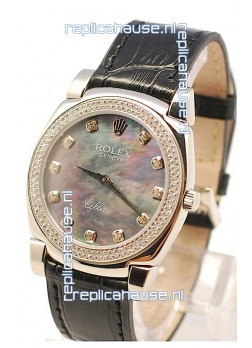 Rolex Cellini Cestello Ladies Swiss Watch in Black Pearl Face Diamonds Markers