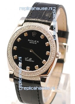 Rolex Cellini Cestello Ladies Swiss Watch in Matte Black Face Diamond Markers