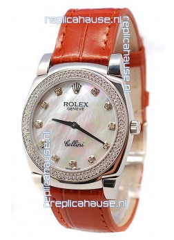 Rolex Cellini Cestello Ladies Swiss Watch in White Pearl Face Diamonds Bezel and Hours Markers